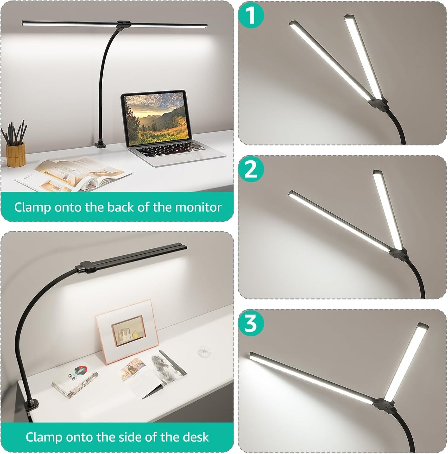 ShineTech LED Desk Lamp for Home Office, Ultra Bright Clamp Light with Flexible Gooseneck, 25 Lighting Modes, Eye-Caring Architect Lamp for Dual Monitors, Reading & Gaming Setup