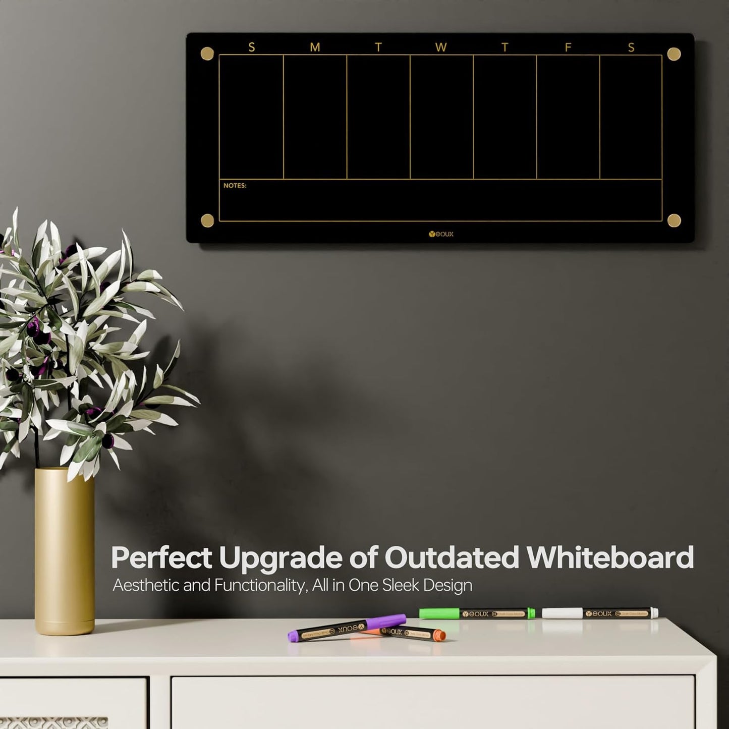 Glass Golden Weekly Dry Erase Calendar & Menu Whiteboard for Wall, Meal Planning & Grocery Shopping List White Board for Kitchen, 15x11, 7 Days Planner for Home, 4 Wet Erase Markers Included, Yeoux*