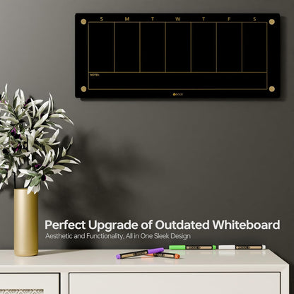 Glass Golden Weekly Dry Erase Calendar & Menu Whiteboard for Wall, Meal Planning & Grocery Shopping List White Board for Kitchen, 15x11, 7 Days Planner for Home, 4 Wet Erase Markers Included, Yeoux*