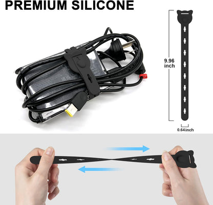12Pcs Reusable Cable Ties, 10x0.6inch Elastic Silicone Cord Organizer Straps for Bundling and Organizing Cable Wires, Extendable Cable Management in Home, Kitchen, Closet, Office(Black)