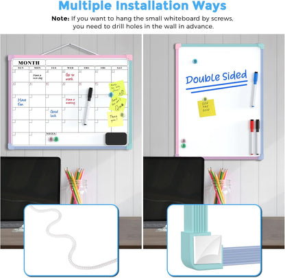 MaxGear Monthly Calendar Dry Erase Board for Wall, 16"x12" Small Hanging Double-Sided White Board, Portable Whiteboard for Planning, Drawing, Memo, to Do List, School, Home, Kitchen, Office