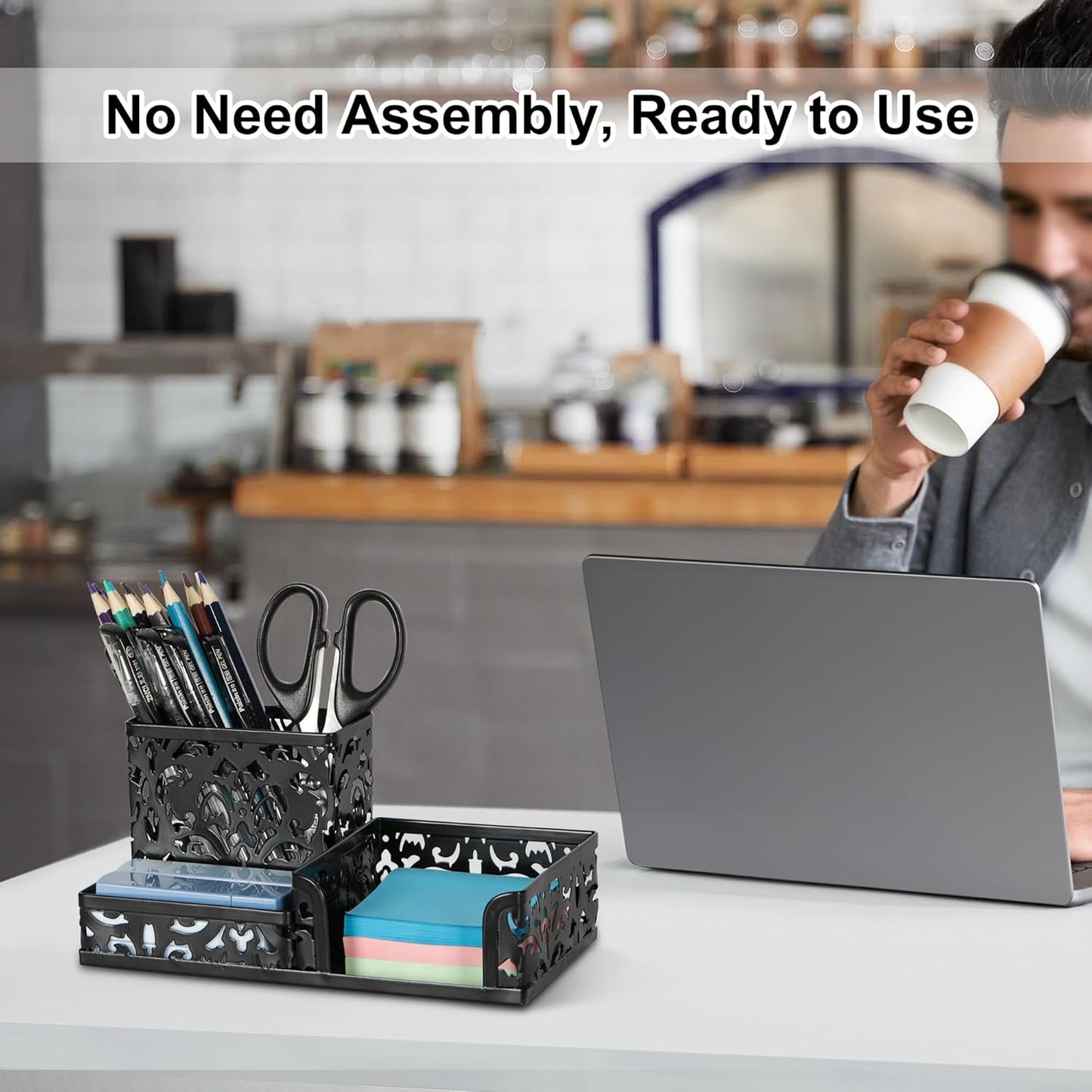 EasyPAG Desk Organizer with 3 Compartment for Pencil Sticky Note Holder and Office Accessories,White
