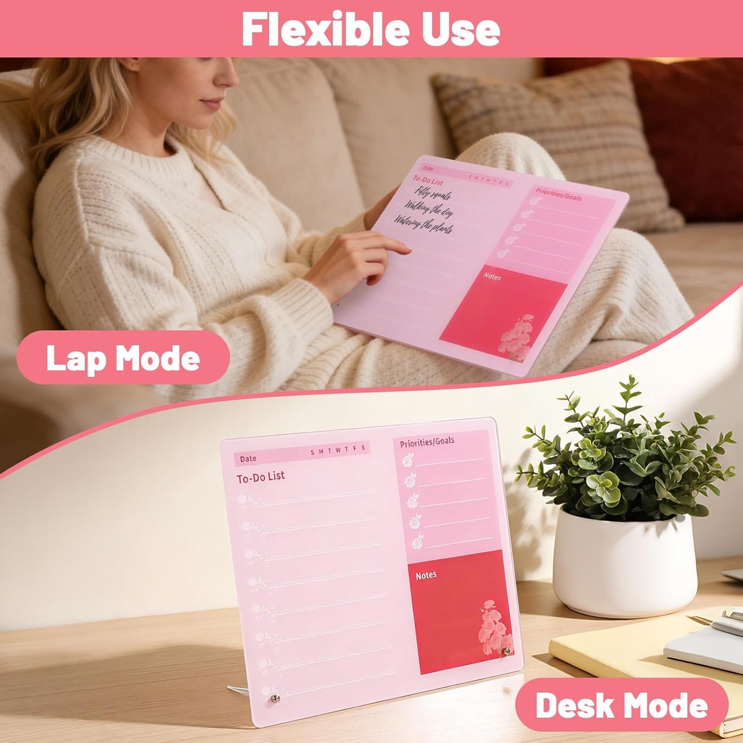LeMotech Desktop Acrylic Dry Erase Board, 12x10 inches to-Do List Planner, Tabletop Whiteboard with Stand Office Supplies Includes 2 Markers & 1 Eraser, Pink Rose Pattern, 1 Pack