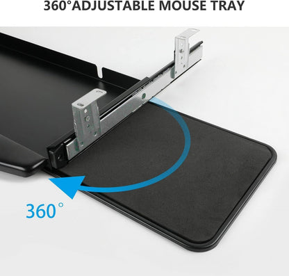 Solid Steel Under Desk Keyboard Tray Slide Out with 360° Rotating Mouse Platform,Keyboard Shelf Sliding,Under Desk Mounted Keyboard Holder,Under Desk Keyboard Drawer 28"Lx11"W