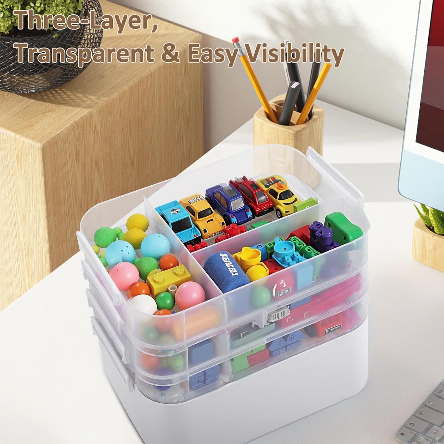 3-Layer Plastic Craft Organizers and Storage Box with Removable Trays, Storage Containers with lids and Handle, Art Supply Storage Organizer for Bead, Ornament, Nail Polish, Tape（10.62"x9"x7.67"）