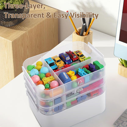 3-Layer Plastic Craft Organizers and Storage Box with Removable Trays, Storage Containers with lids and Handle, Art Supply Storage Organizer for Bead, Ornament, Nail Polish, Tape（10.62"x9"x7.67"）