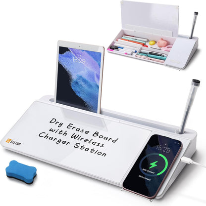 SELEAD Desktop Glass Whiteboard with Wireless Charger Station, Dry Erase Board Computer Pad Keyboard Stand with Organizer for Home, School, Office Desk Accessories, Black