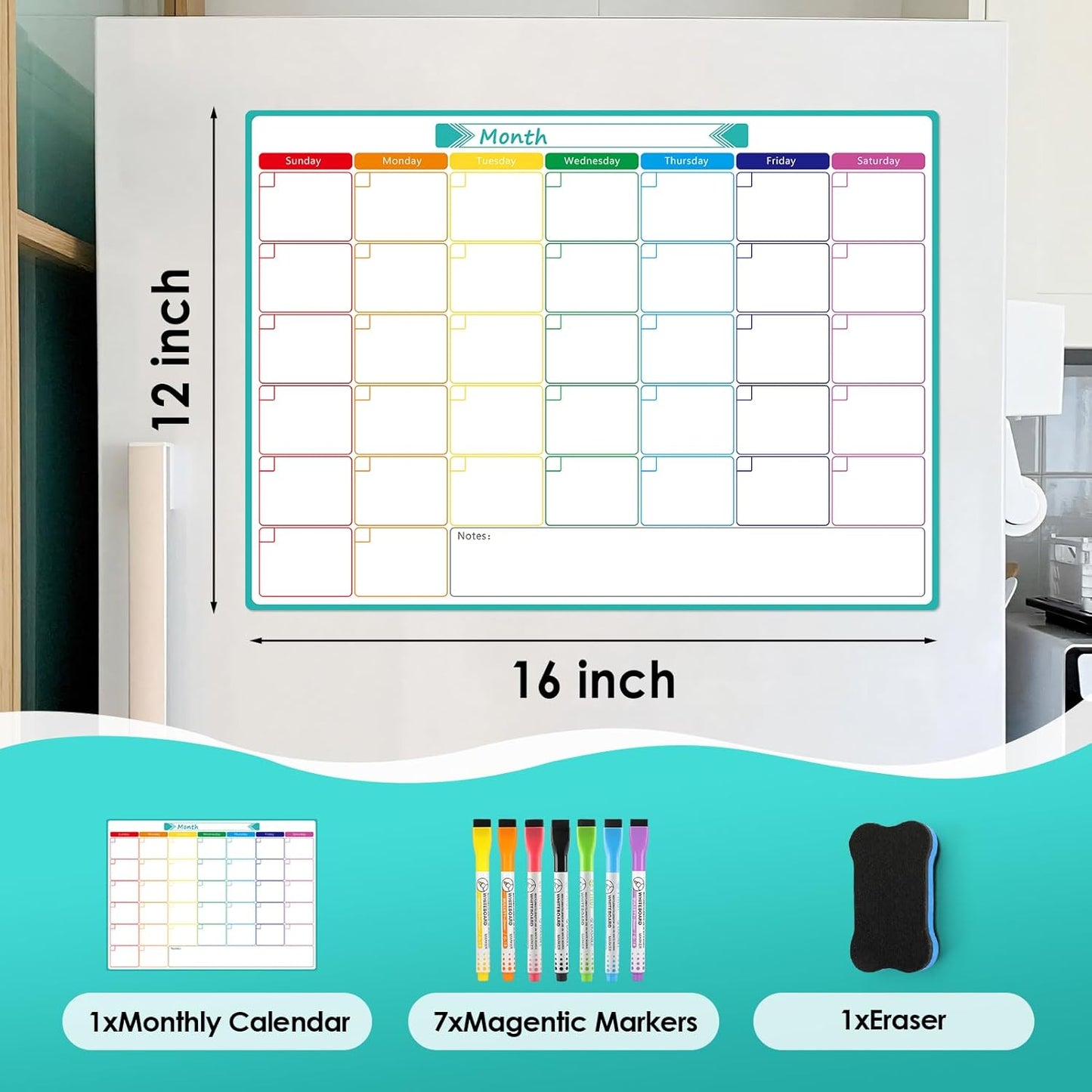 MaxGear Weekly Dry Erase Board for Fridge, 16"x12" Magnetic Calendar Whiteboard Planner for Refrigerator with Stain Resistant Technology, Include 7 Fine Point Markers and 1 Eraser