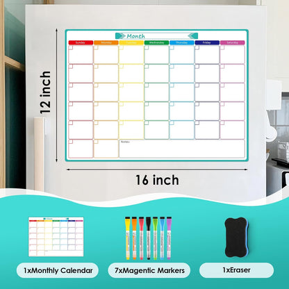 MaxGear Weekly Dry Erase Board for Fridge, 16"x12" Magnetic Calendar Whiteboard Planner for Refrigerator with Stain Resistant Technology, Include 7 Fine Point Markers and 1 Eraser