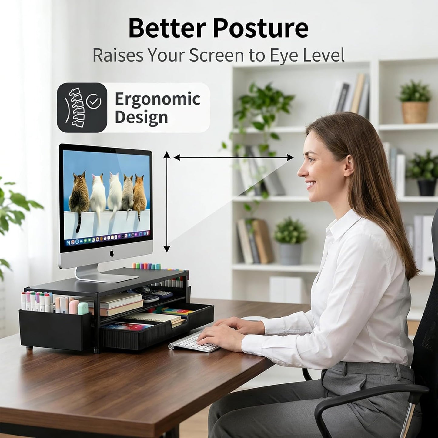 ECOLOVI Desk Organizer and Accessories, 2-Tier Computer Monitor Stand Rise with Storage Drawer & 2 Pen Holders, Laptop & Printer Stand for Desktop, Workspace Organizers for Office Supplies (Brown)