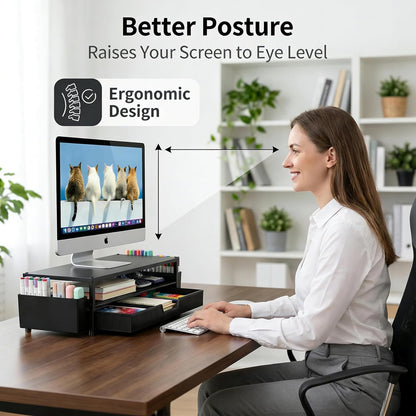 ECOLOVI Desk Organizer and Accessories, 2-Tier Computer Monitor Stand Rise with Storage Drawer & 2 Pen Holders, Laptop & Printer Stand for Desktop, Workspace Organizers for Office Supplies (Brown)