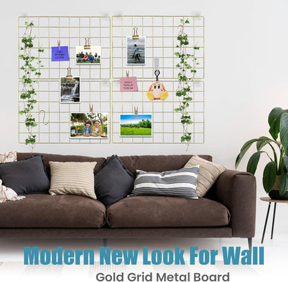 CIKLCIX Metal Grid Wall Panel, Wire Grid Photo Display Organizer, 17.3"×11.8" Gold Wire Board Grid Wall, Grid Picture Frame, 2-Pack Wire Mesh Memo Board With Clips and Hooks