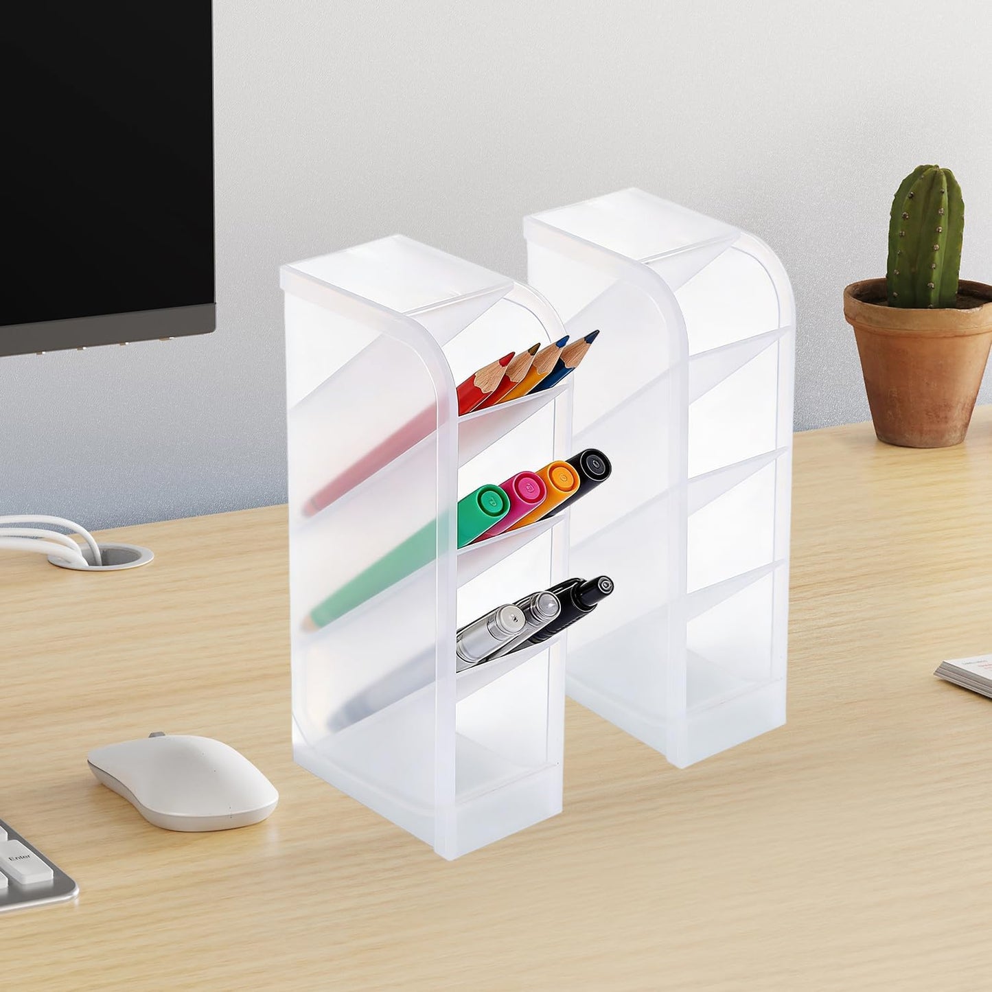 Angled Pen Holder Desk Organizer, 4 Grids Vertical Marker Organizer Pen Display Holder for Desk Stationery Pencil Storage