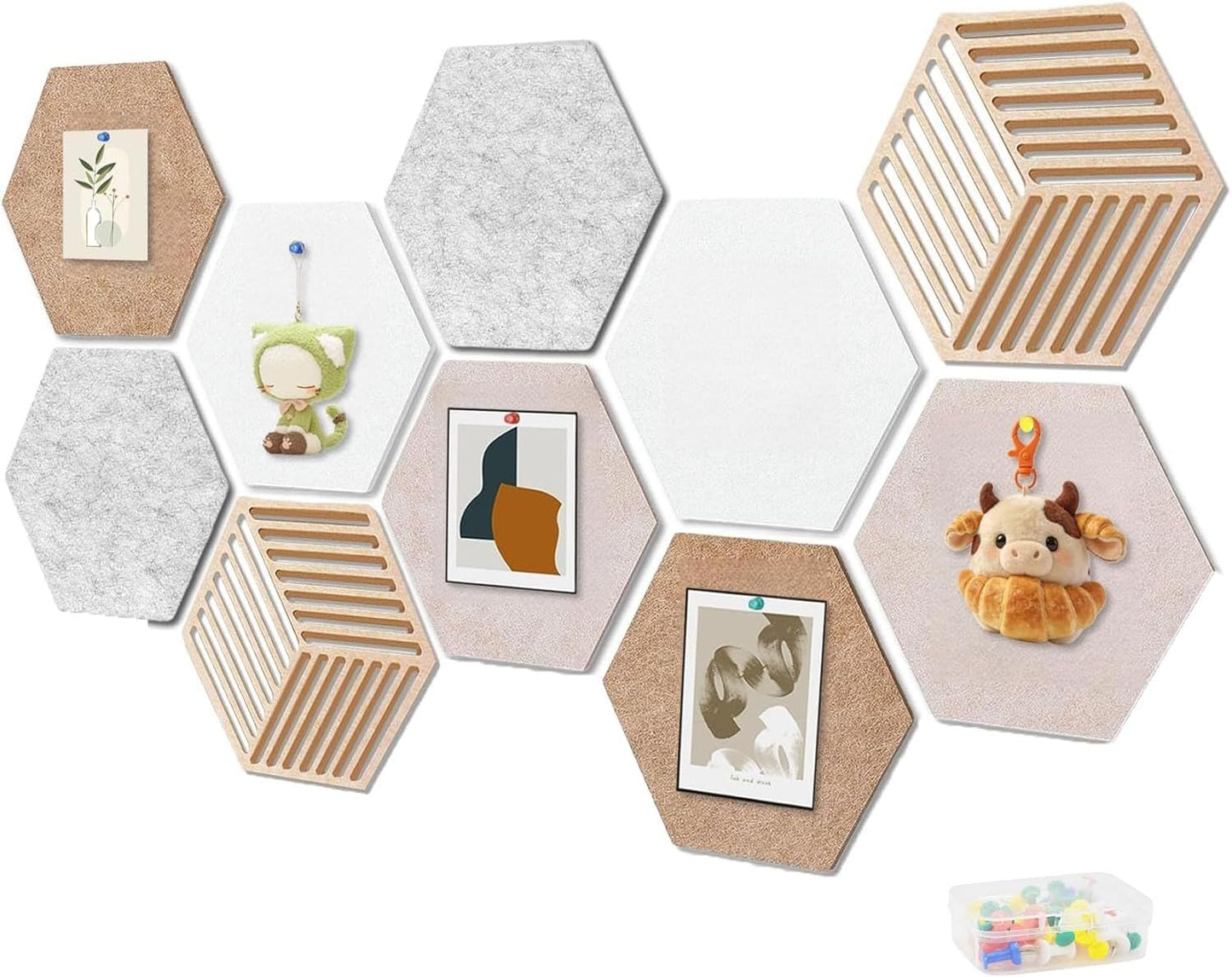 12'' Large Hexagon Cork Board Tiles – 10 Pack Adhesive Frameless Bulletin Board for Office & Home Wall Decor, Vision Board with 35 Push Pins, Decorative Pin Board for Photos & DIY