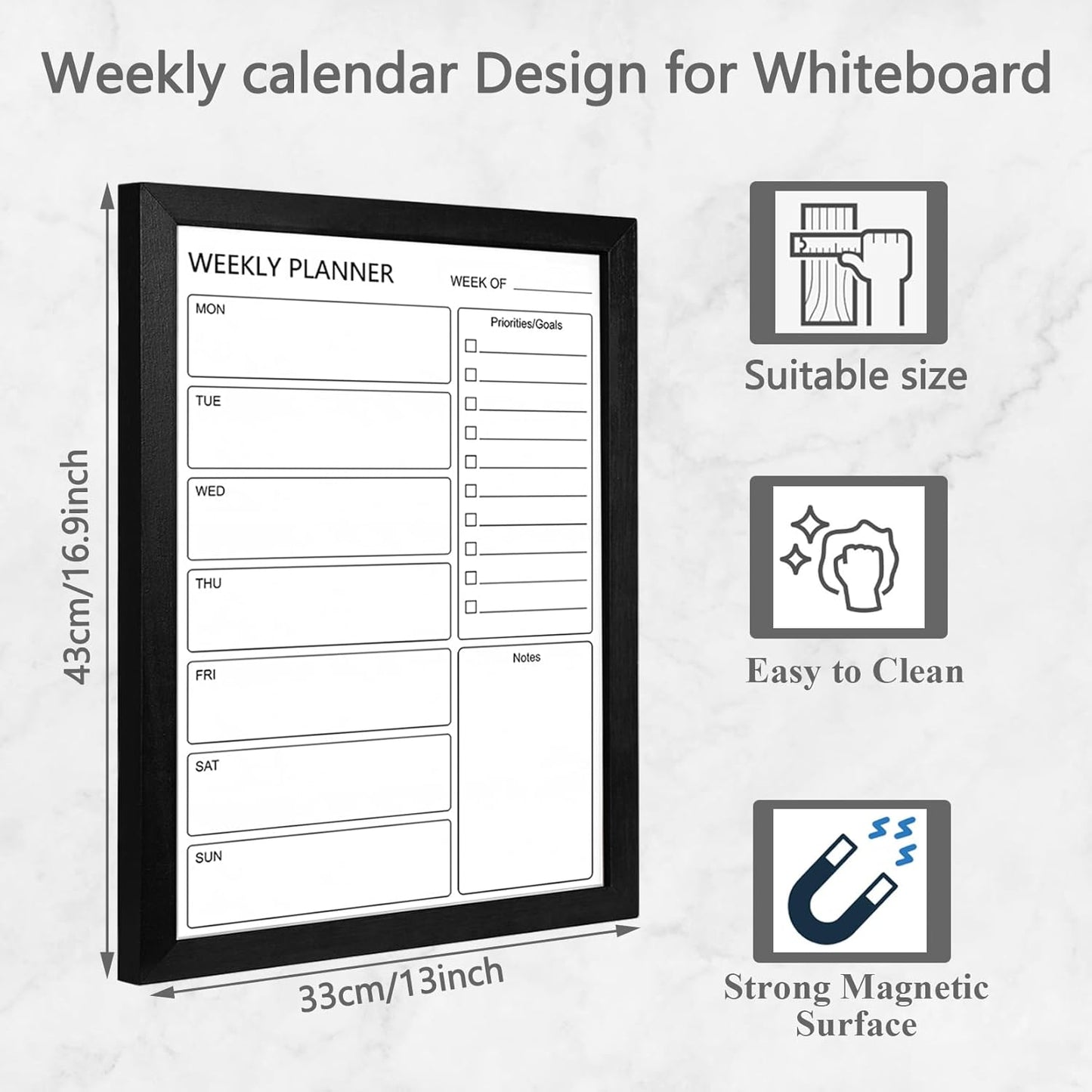 Dry Erase White Board Weekly Calendar Board, Magnetic Whiteboard for Wall,13“x17 Solid Wood Rustic Brown Framed Message Board, Planner Board for Office, Home, School(Weekly-BB-RB-3343)