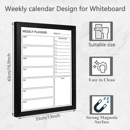 Dry Erase White Board Weekly Calendar Board, Magnetic Whiteboard for Wall,13“x17 Solid Wood Rustic Brown Framed Message Board, Planner Board for Office, Home, School(Weekly-BB-RB-3343)