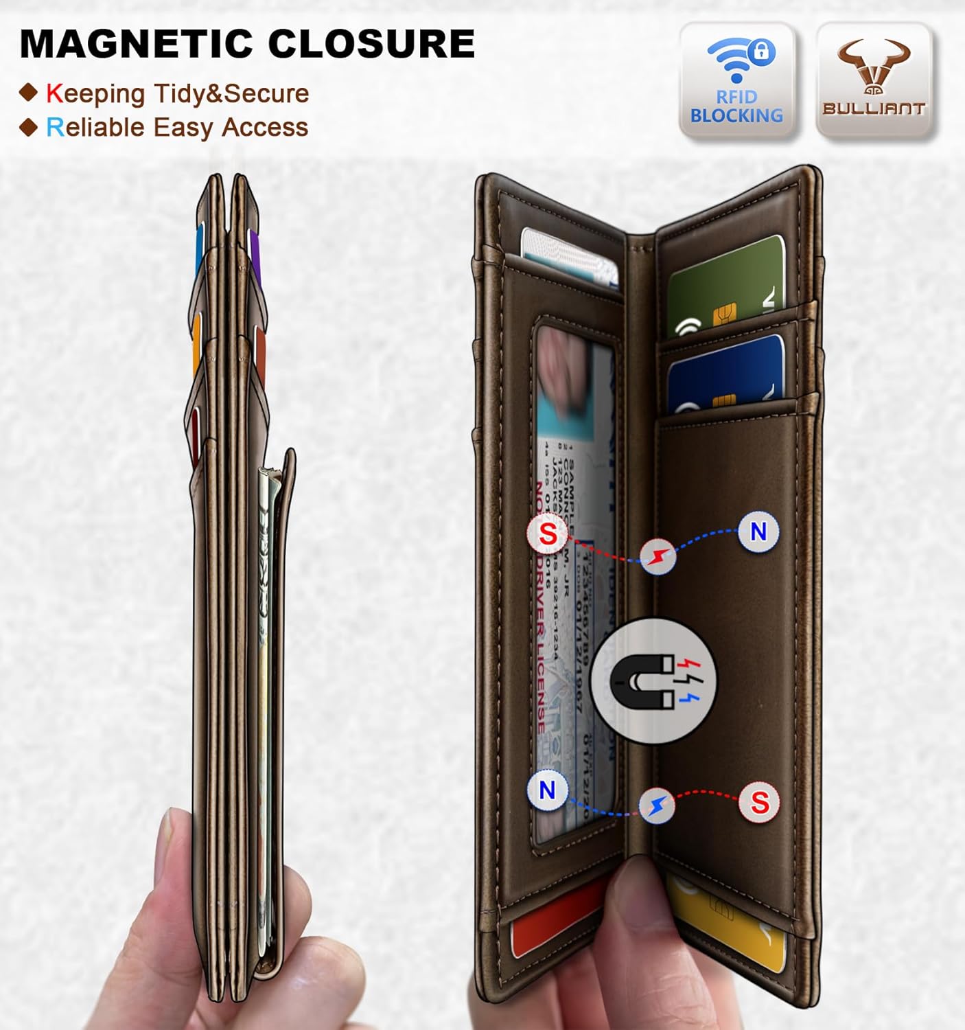 BULLIANT Men Airtag Wallet,Slim Wallet Money Clip Card Holder Magnetic Closure 12 Cards in Front Pocket RFID Blocking
