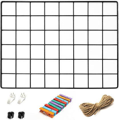 2 Pack Wire Wall Grid Panel With Accessories | Includes Hanging Basket, Shelf & Hook Rack | Photo Grid Wall Panels | Hanging Home, Office & Kitchen Décor | Metal & Black