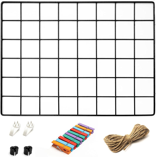 2 Pack Wire Wall Grid Panel With Accessories | Includes Hanging Basket, Shelf & Hook Rack | Photo Grid Wall Panels | Hanging Home, Office & Kitchen Décor | Metal & Black