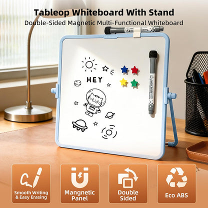 Colorful Dry Erase White Board 8.3x11in, Magnetic Desktop Board with Stand, 2 Markers (Eraser Head), 4 Magnets - Double-Sided Easel for Daily Planning, Memo, Office/Home/School (Blue)