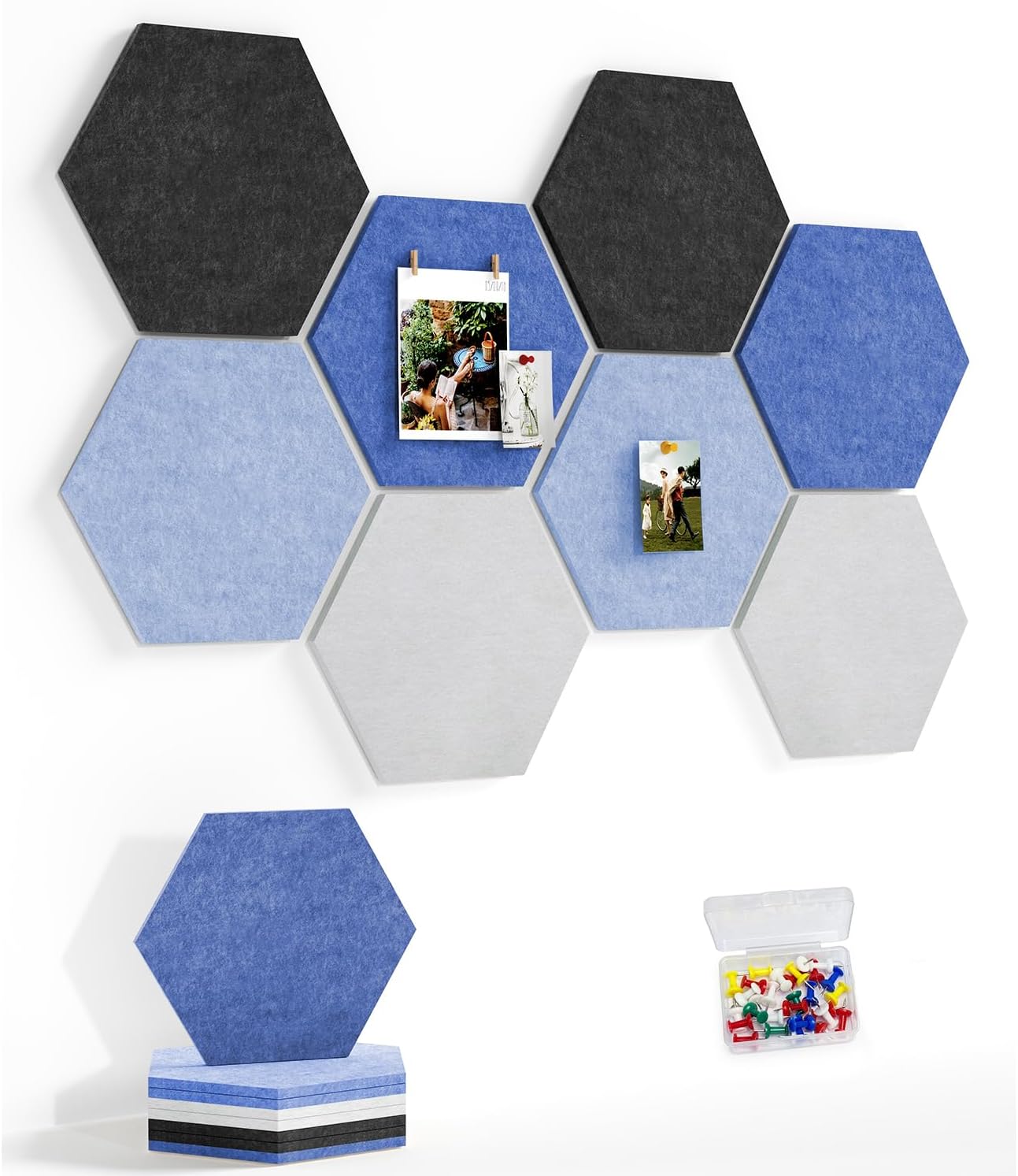 8 Pack Hexagon Felt Bulletin Board Tiles - 12" Large Thick Pin Board for Walls with 30 Push Pins, DIY Boards for Office Home School Decor, Aesthetic Hex Cork Board Alternative