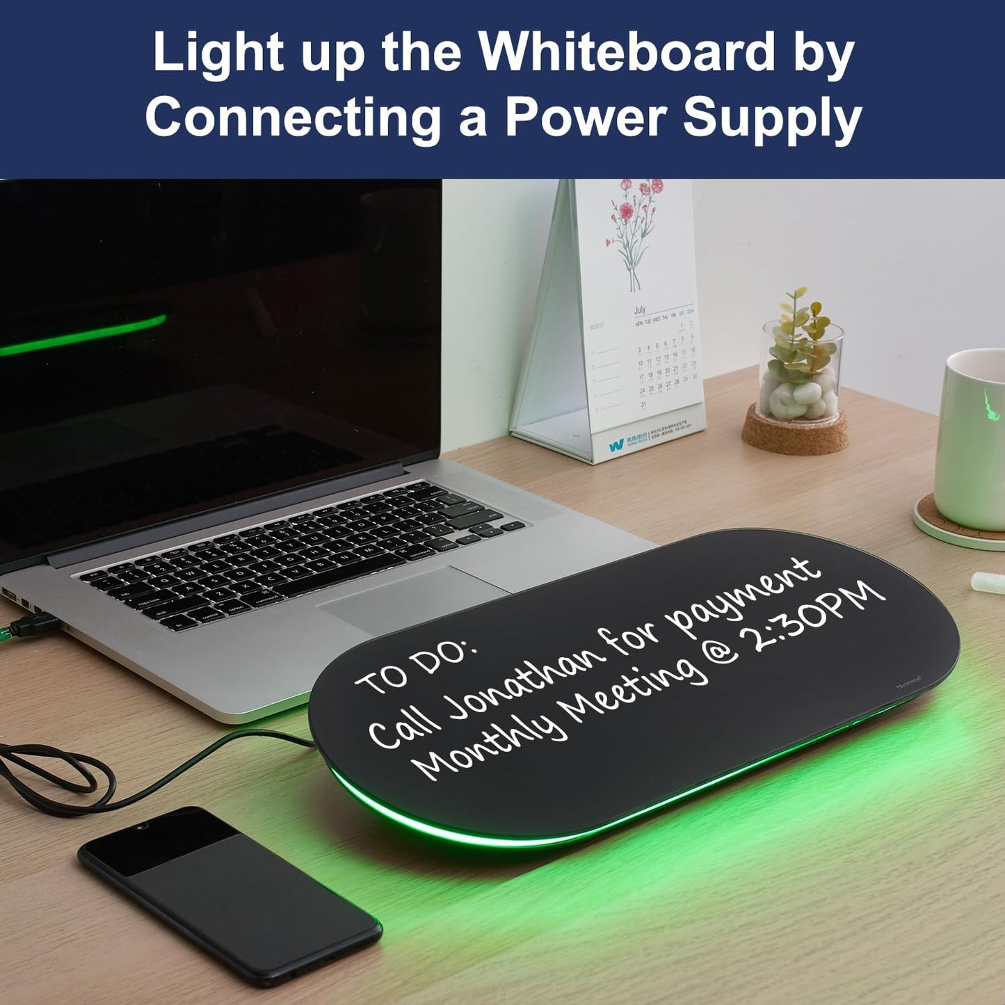 TSJ OFFICE Glass Desktop Whiteboard - 17 X 7 Inches Small Dry Erase Board with Green Light, Black Glass White Board Surface Notepad with 1 Drawer, Desk Organizers for Office, Home, School Supplies