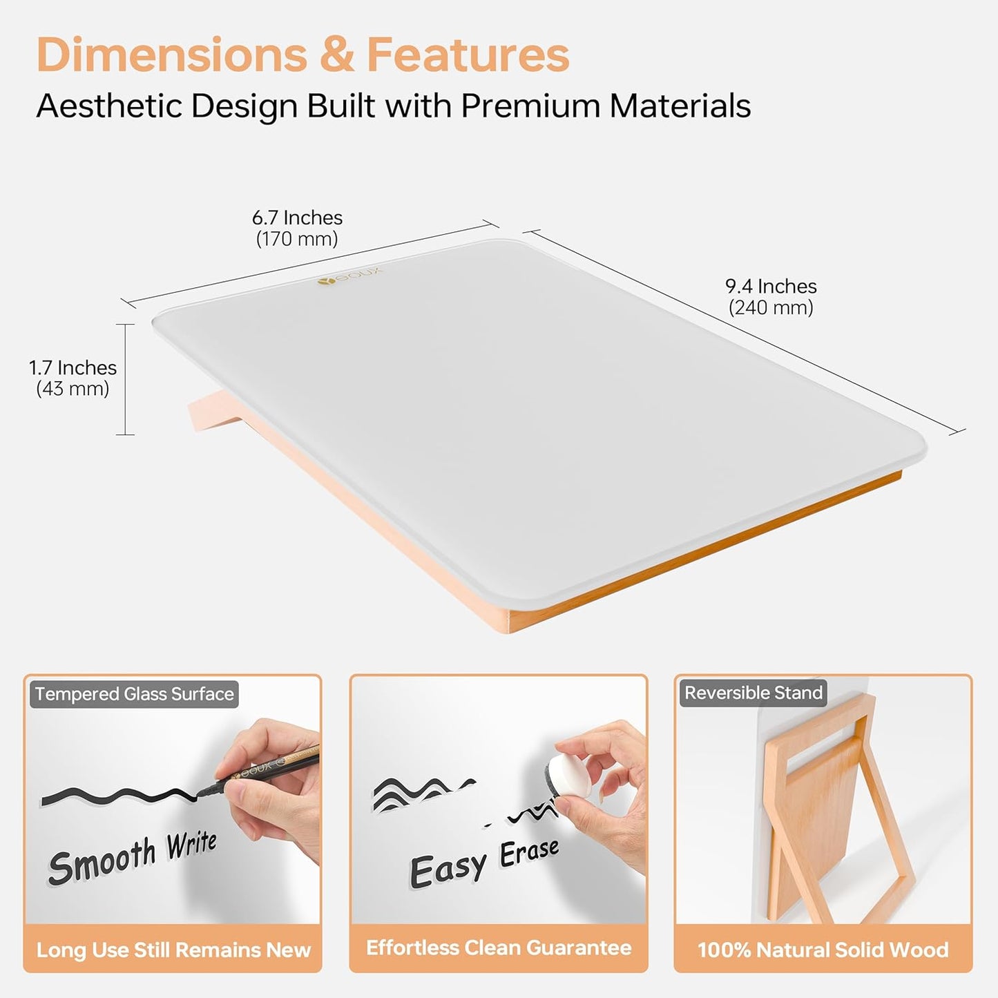 YEOUX Glass Desk Whiteboard with Reversible Wood Stand, Desktop Small White Board, Reusable Mini Dry Erase Board 6.7"x9.5" for Office, Home, School, Marker&Eraser Included