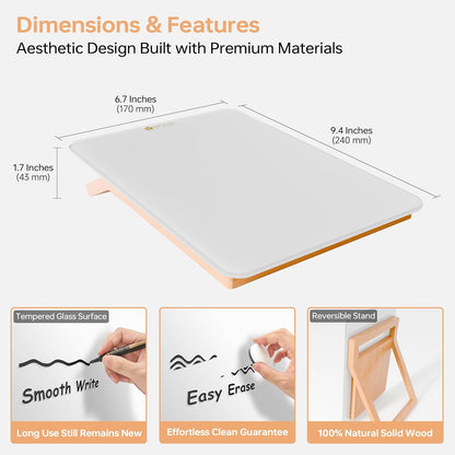 YEOUX Glass Desk Whiteboard with Reversible Wood Stand, Desktop Small White Board, Reusable Mini Dry Erase Board 6.7"x9.5" for Office, Home, School, Marker&Eraser Included