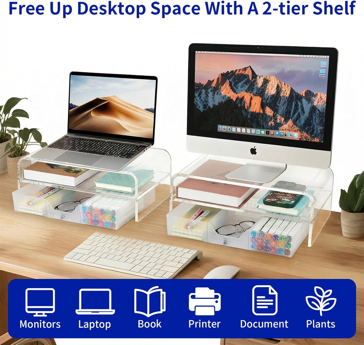 OPNICE Wood Desk Organizers and Accessories, 2-Tier Computer Monitor Stand Riser with Drawer and 2 Pen Holders, Laptop Stand, Office Desk Accessories for Office Supplies, Brown