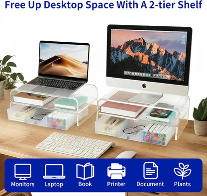 OPNICE Wood Desk Organizers and Accessories, 2-Tier Computer Monitor Stand Riser with Drawer and 2 Pen Holders, Laptop Stand, Office Desk Accessories for Office Supplies, Brown