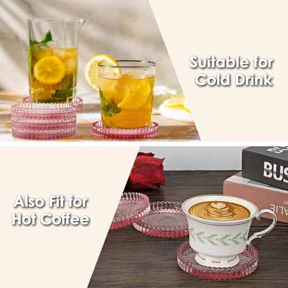 Modern Clear Coasters Set of 5- Glass Cute Coasters for Drinks Crystal Coaster Round Chic Cup Mat Cute Coffee Table Coaster for Kitchen, Bar, Dining Room, Living Room, Patio(Amber)