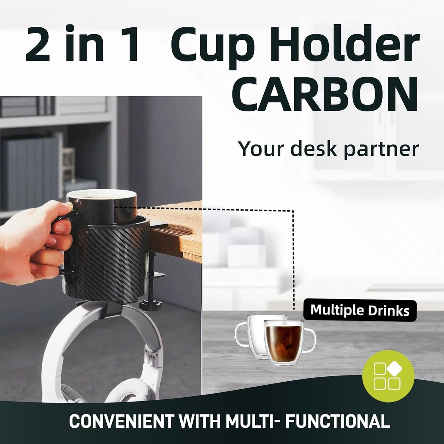 GUNKING Luxury 2-in-1 Anti-Spill Cup Holder with Under Desk Headphone Hanger (White)