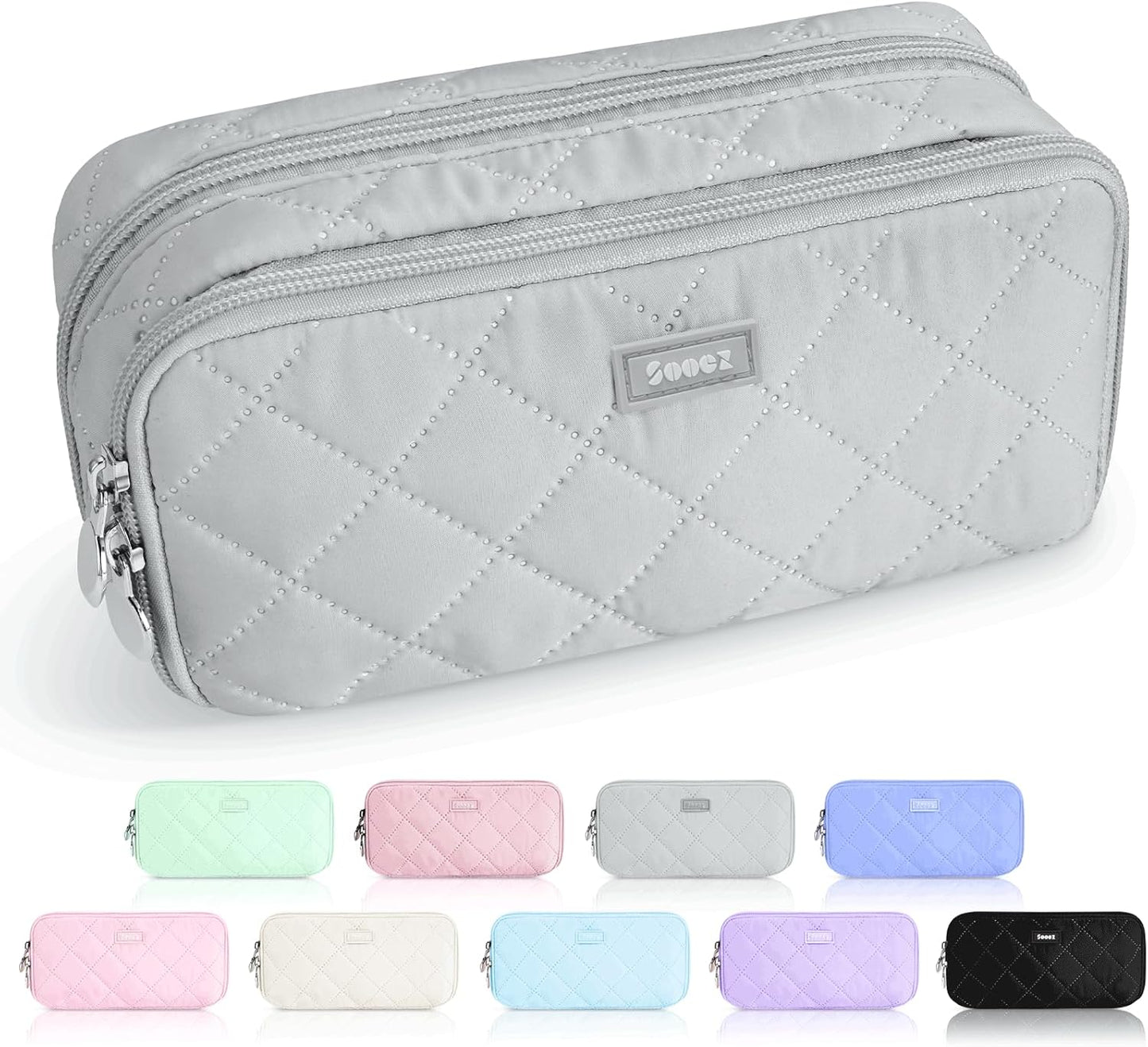 Sooez Large Pencil Case Pouch, Extra Big Pencil Bag with 8 Compartments, Pen Bag Wide Opening, Soft Quilted Pencil Pouch Organizer with Zipper, Portable Pencil Case for Teen Girls, Pink
