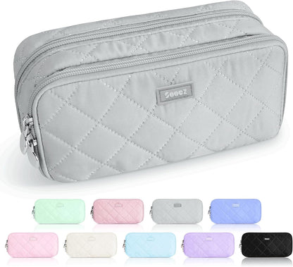 Sooez Large Pencil Case Pouch, Extra Big Pencil Bag with 8 Compartments, Pen Bag Wide Opening, Soft Quilted Pencil Pouch Organizer with Zipper, Portable Pencil Case for Teen Girls, Pink