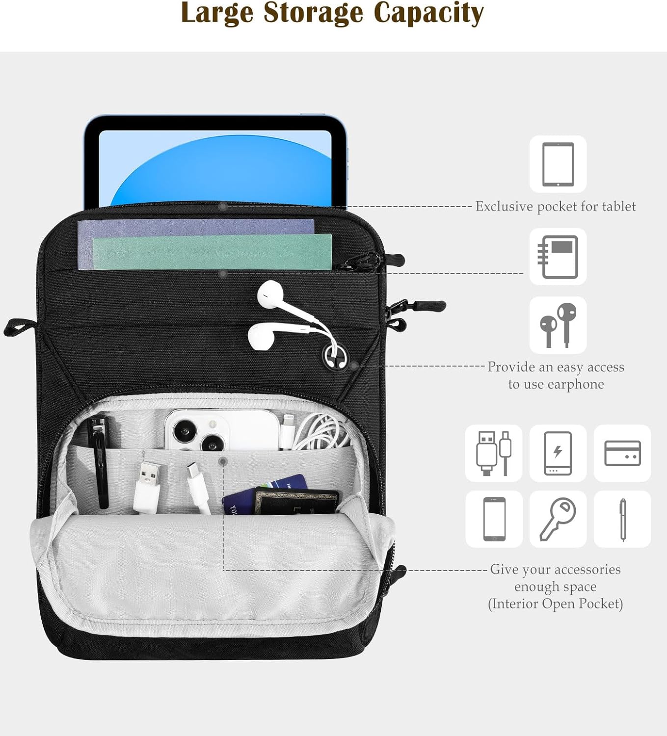 Dadanism 9-11 Inch Tablet Sleeve Bag with Shoulder Strap for iPad (A16) 11", iPad Air M4 Pro M5 11", i-Pad 10th Gen 10.9", i-Pad 9/8/7th Gen 10.2", Galaxy Tab A11+ Plus 11", reMarkable 2 10.3", Black