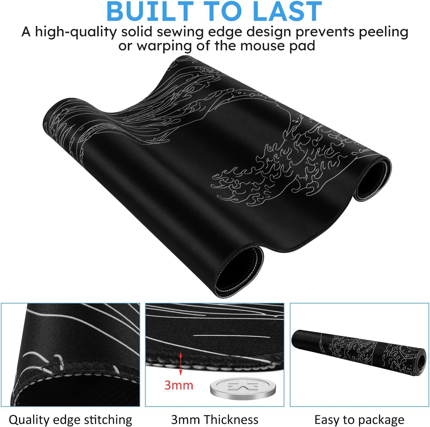 iCasso Desk Cover Mat, Office Mouse Pad, Desk Protector Mat, Extra Large Matt for Desktop,Anti-Slip XXL Big Mousepad with Stitched Edges for Computer Keyboard Retro Black - Colors B