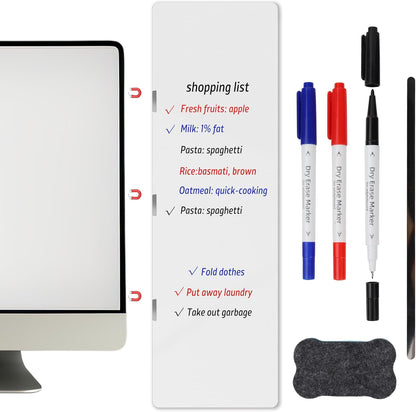 Magnetic Monitor Memo Board Set - Dry Erase Note Board for Computer Screens, Space Saving Includes 3 Markers & Eraser, Reusable to-Do List Organizer for Home Office & Kitchen (Whiteboard)
