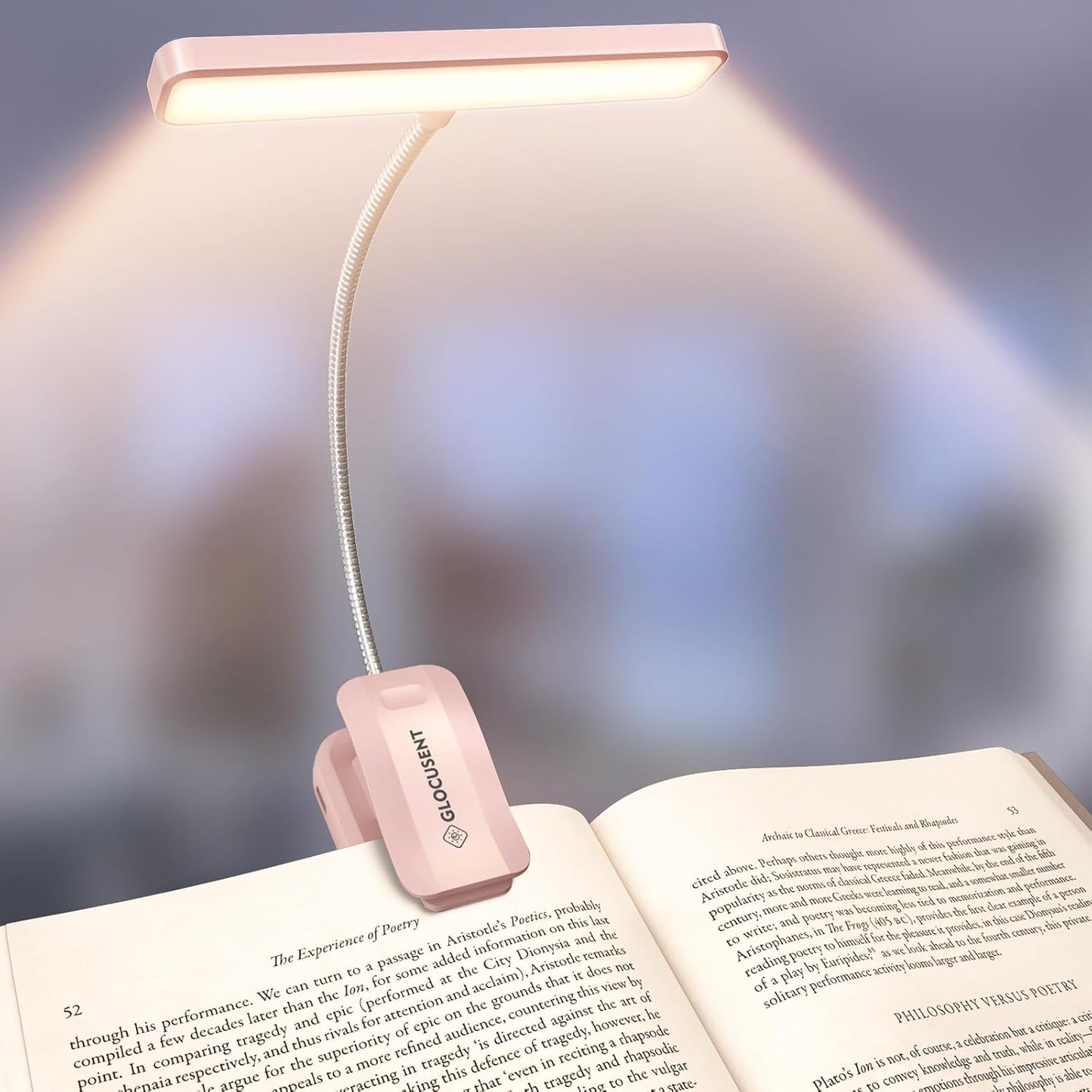 Glocusent 26 LED Book Light, 1200 mAh 90 Hrs Lasting Rechargeable Reading Light, 5 Amber Colors & Stepless Dimming Book Reading Light - Portable Clip on Light for Book Lovers Kids