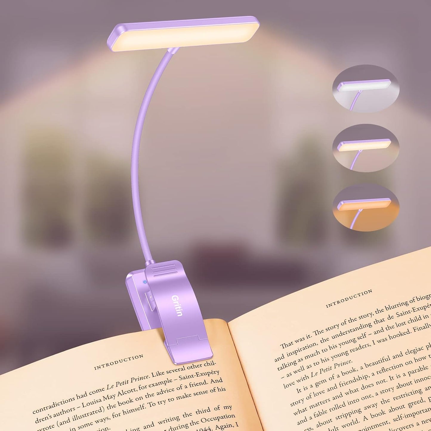 Gritin 19 LED Rechargeable Book Light for Reading in Bed with Memory Function- Eye Caring 3 Color Temperatures,Stepless Dimming Brightness,90 Hrs Runtime Lightweight Clip on Light for Book Lovers