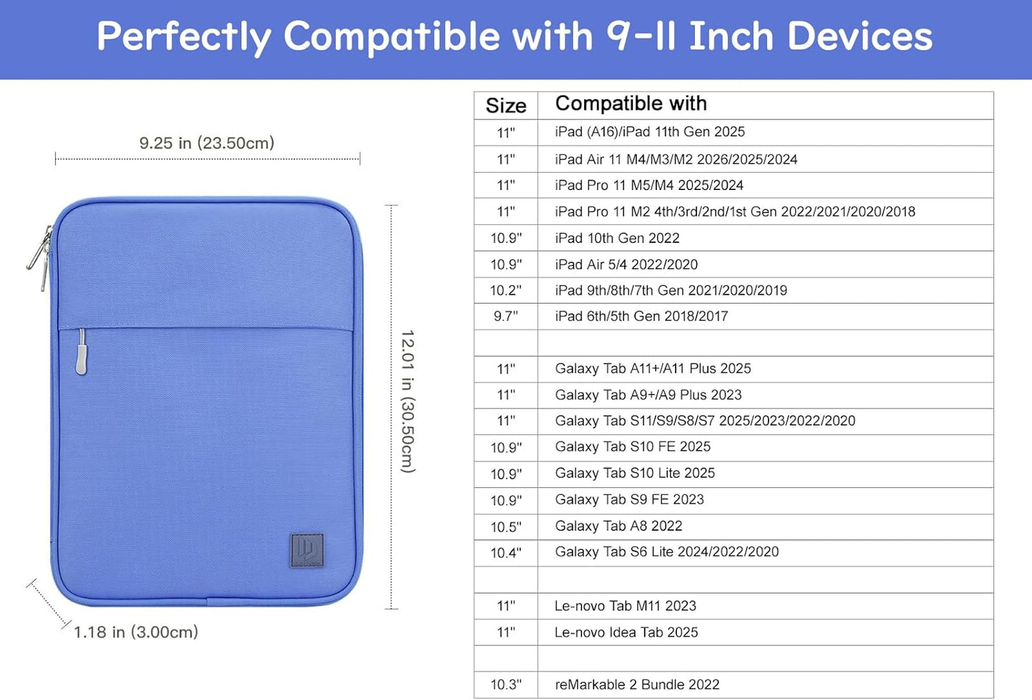 Dadanism 9-11 Inch Tablet Sleeve Padded Carrying Case for iPad (A16) 11th Gen 11", iPad 10th Gen 10.9", iPad Air M4/Pro M5 11", iPad Air 5/4, iPad 9/8/7th Gen, Galaxy Tab A11+ Plus 11", Blue