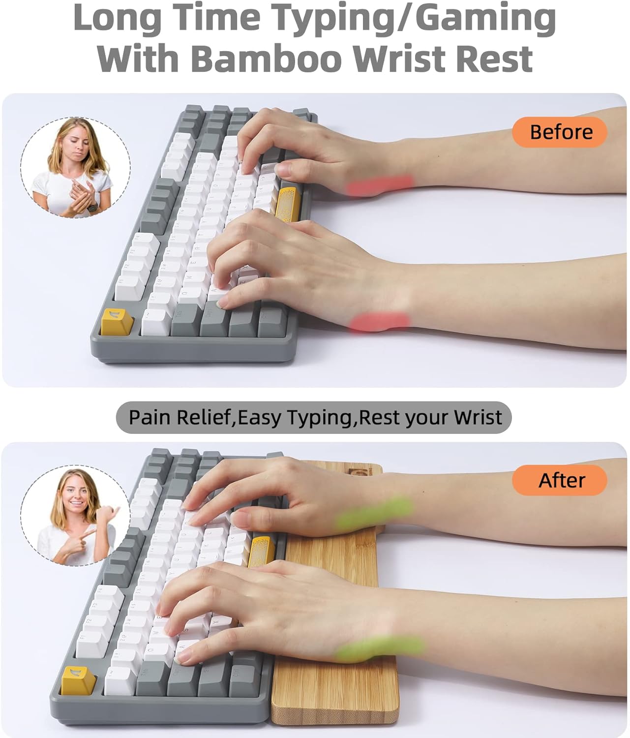 Bamboo Keyboard Wrist Rest for Computer Keyboard, Ergonomic Mechanical Keyboard Wrist Rest, Hard Wrist Rest for Pain Relief, Anti-Slip Keyboard Rest Pad for Laptop/PC Gaming/Mac (68-Key)