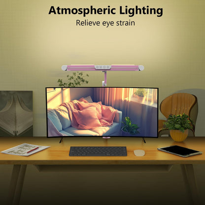 Micomlan Led Desk Lamp with Clamp, Architect Desk Lamp for Home Office with Atmosphere Lighting, 24W Ultra Bright Auto Dimming Computer Light Stepless Dimming and Tempering LED Table Light