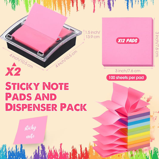 Thenshop 12 Pad Pop up Sticky Notes with 2 Pack Pop up Note Dispenser Note Holder Black Base Clear Top Self Stick Memo Pads Blank Adhesive Notes 3x3 Refills, 100 Sheet/pad(Assorted Colors)