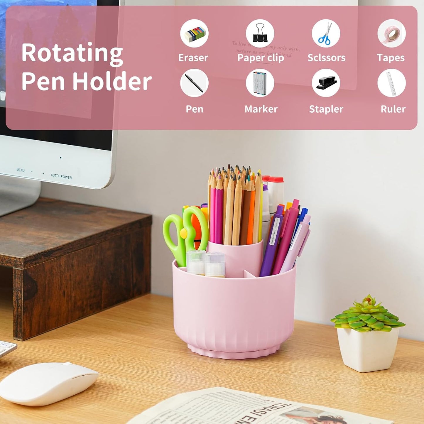 Marbrasse Desk Organizer, 360-Degree Rotating Pen Pencil Holder, Desk Organizers and Accessories with 5 Compartments Pencil Organizer, Art Supply Storage Box Caddy for Office, Home(Beige)