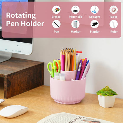 Marbrasse Desk Organizer, 360-Degree Rotating Pen Pencil Holder, Desk Organizers and Accessories with 5 Compartments Pencil Organizer, Art Supply Storage Box Caddy for Office, Home(Beige)