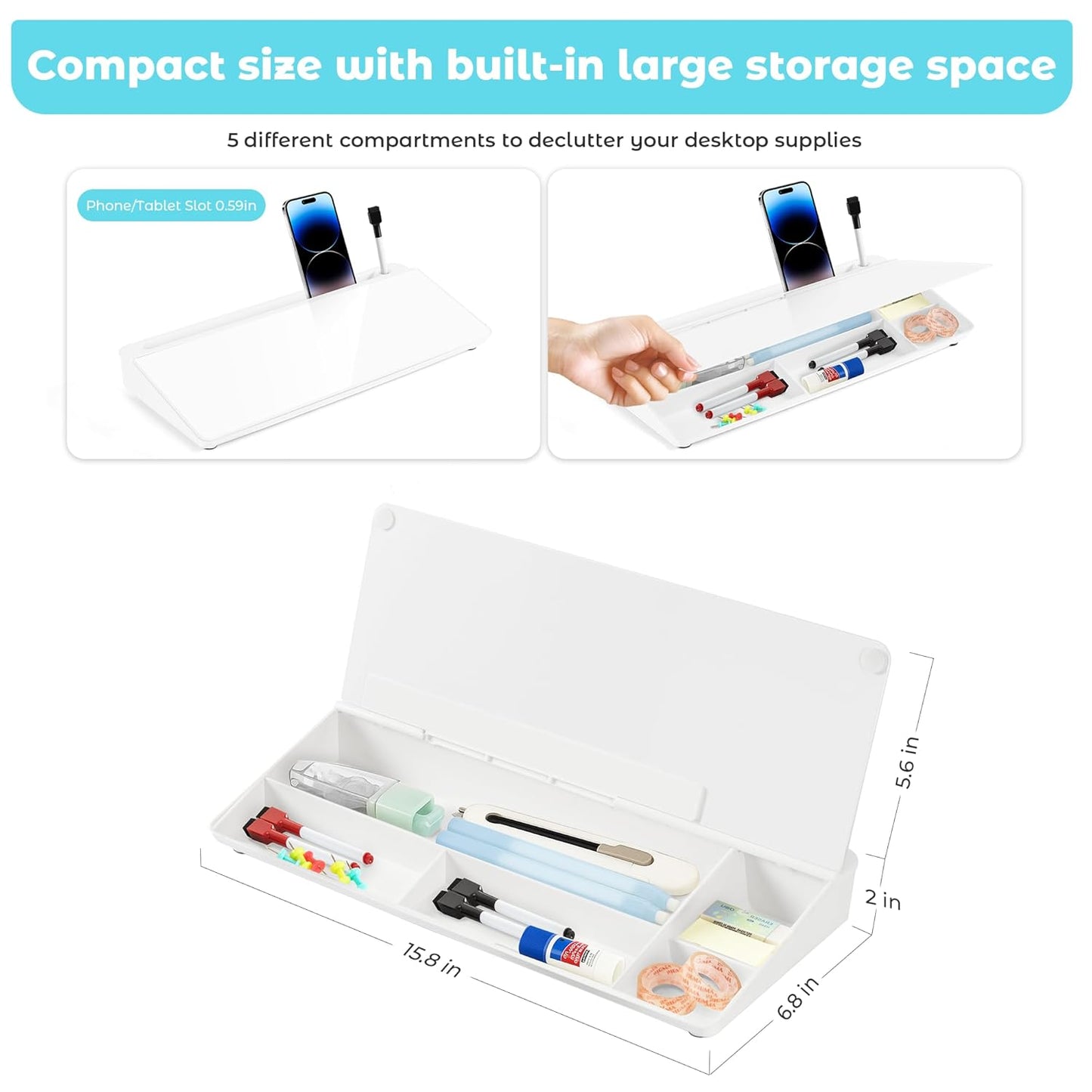 Glass Desk Whiteboard with Storage, 6.8" x 15.8" Small Dry Erase Board, Desk Board with Computer Keyboard Stand & Built-in Drawer, Includes 4 Markers, 1 Eraser for Office, Home, School