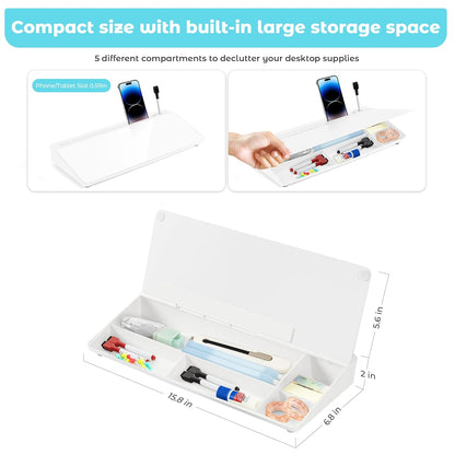 Glass Desk Whiteboard with Storage, 6.8" x 15.8" Small Dry Erase Board, Desk Board with Computer Keyboard Stand & Built-in Drawer, Includes 4 Markers, 1 Eraser for Office, Home, School
