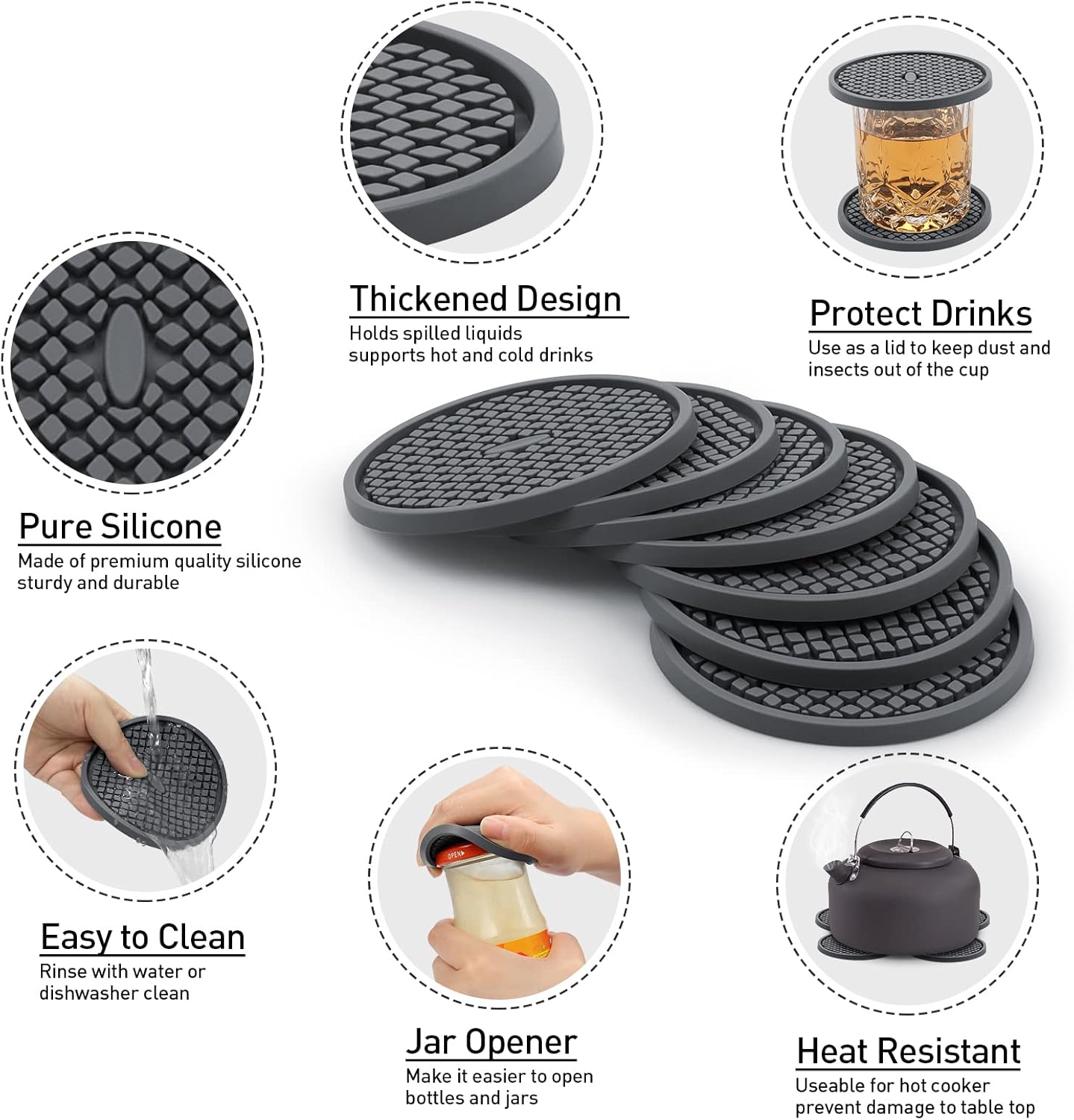 2 Pack Silicone Coasters for Drinks, Round Black Coaster with Deep Tray Grooved Design Cup Mat, Washable Heat Resistant Durable Non-Slip Coasters for Coffee Table Wooden Desk Kitchen Bar