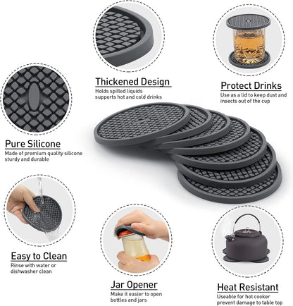 2 Pack Silicone Coasters for Drinks, Round Black Coaster with Deep Tray Grooved Design Cup Mat, Washable Heat Resistant Durable Non-Slip Coasters for Coffee Table Wooden Desk Kitchen Bar