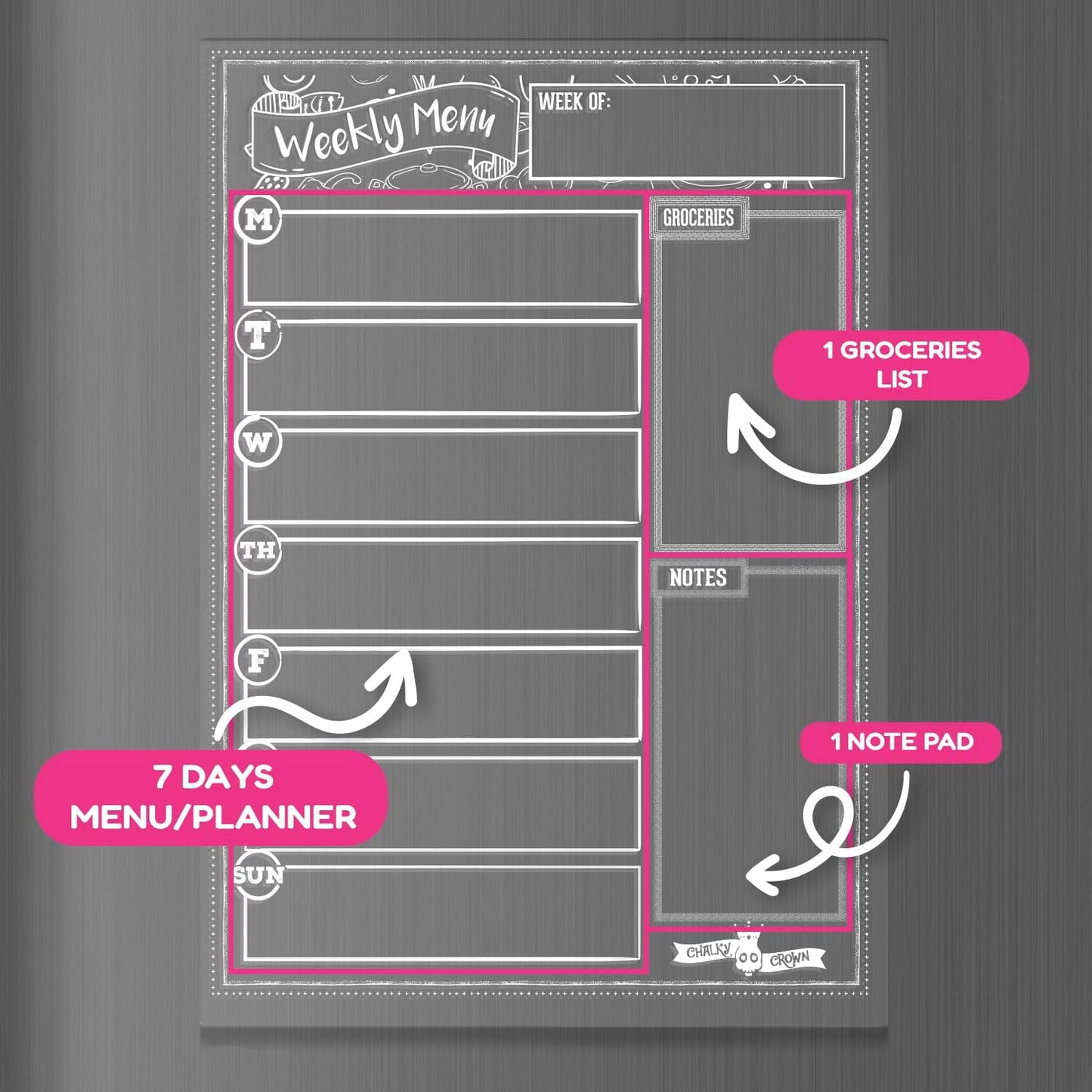 CHALKY CROWN Magnetic Dry Erase Menu Board for Fridge Includes 4 Liquid Chalk Markers - Weekly Meal Planner Blackboard, Grocery List & Notepad for Kitchen Refrigerator - Chalkboard Magnet 15.6" x11.6